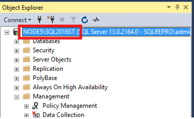 Screenshot del nome dell'istanza di SQL Server in Esplora Oggetti.