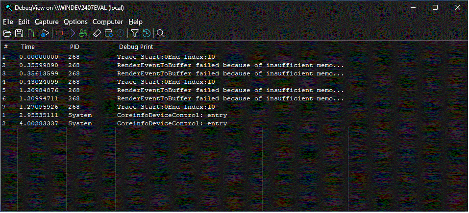 Screenshot di DebugView
