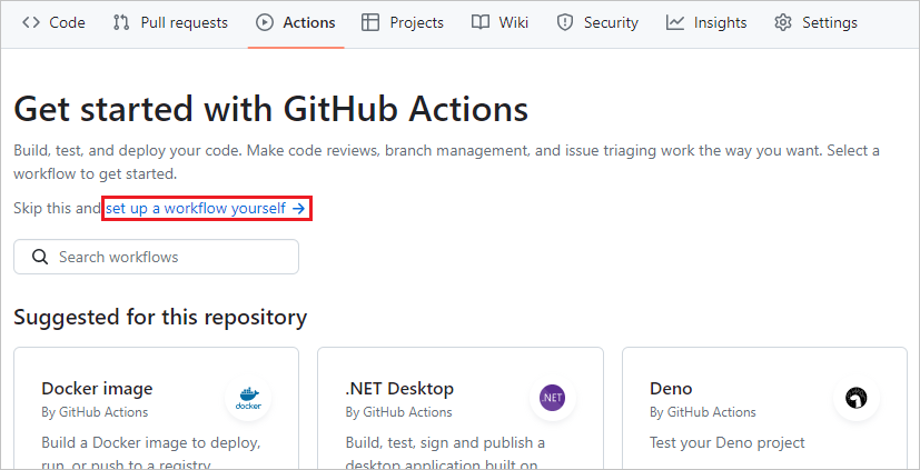 Screenshot che mostra la scheda Azioni nel repository GitHub, evidenziando il collegamento di creazione del flusso di lavoro.
