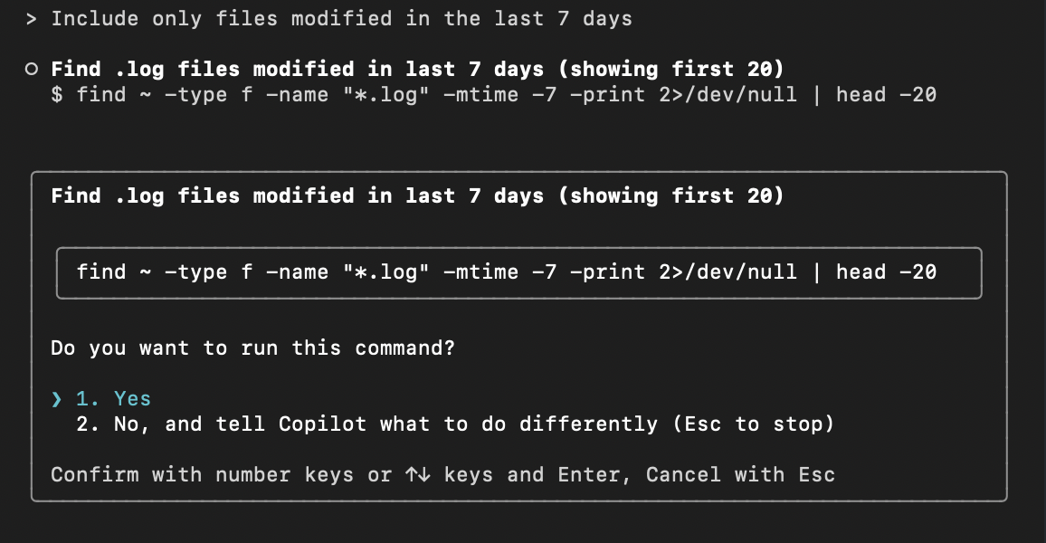 Screenshot dell'interfaccia della riga di comando di Copilot che migliora un suggerimento in base alla richiesta di completamento.