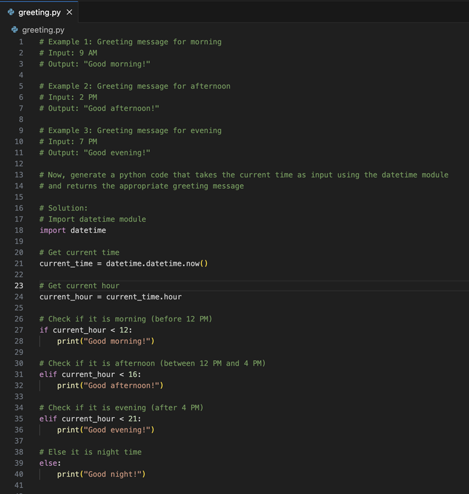 Screenshot di Copilot che genera codice di saluto in base a più esempi.