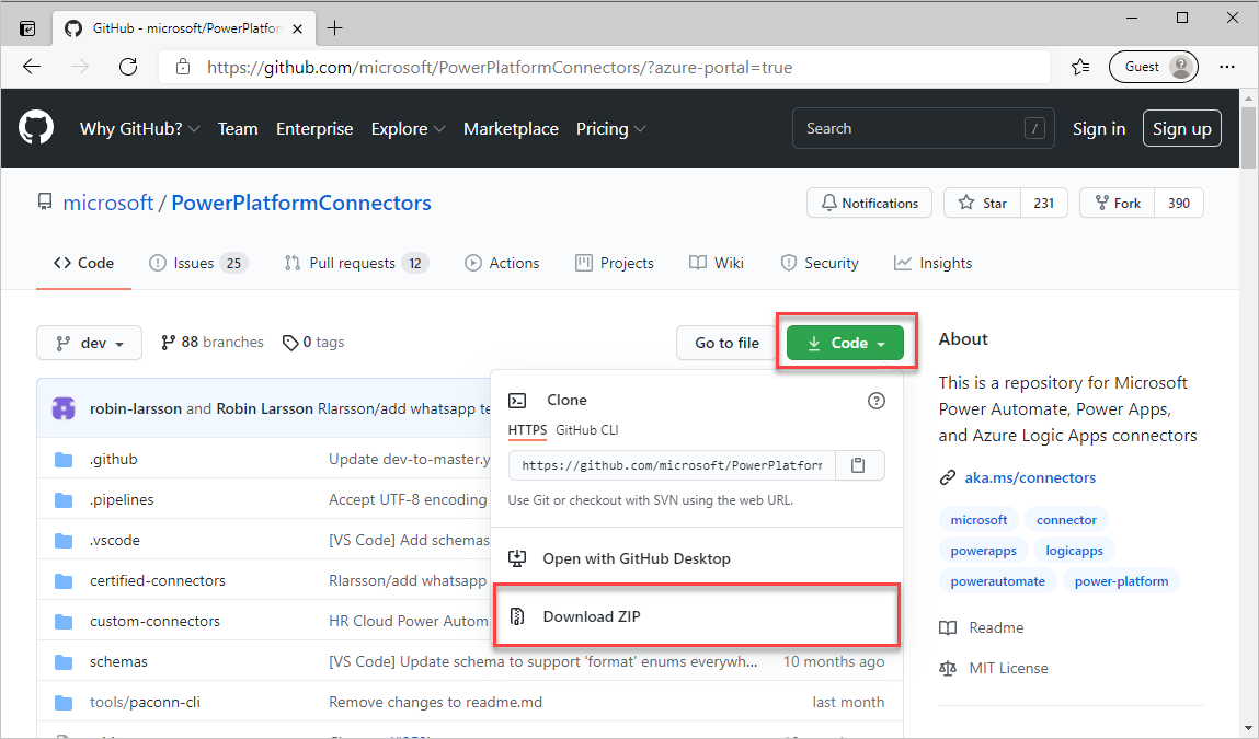 Screenshot del repository GitHub con il menu relativo al codice e la funzionalità di download del file ZIP evidenziati.