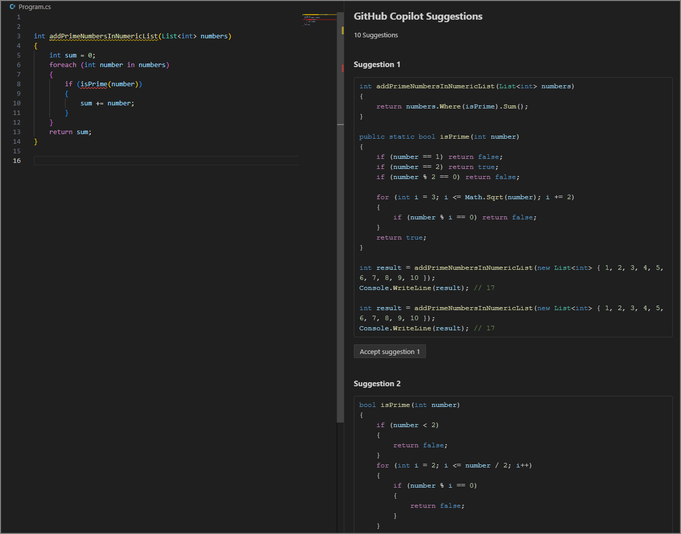 Screenshot che mostra la scheda Suggerimenti GitHub Copilot.