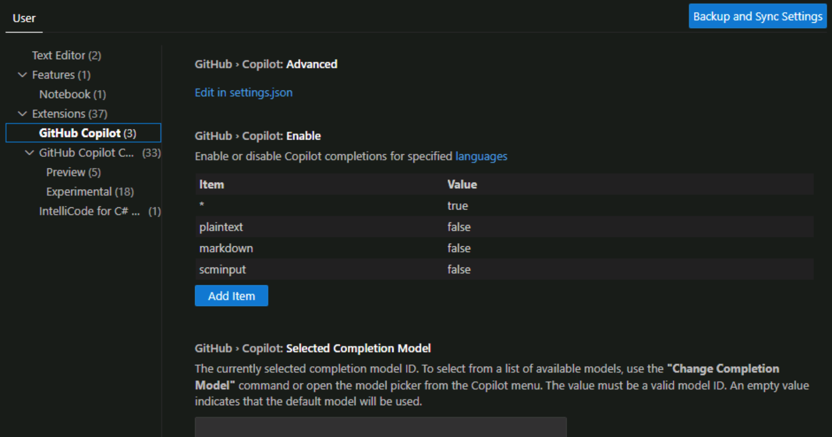Screenshot che mostra le impostazioni dell'estensione GitHub Copilot.