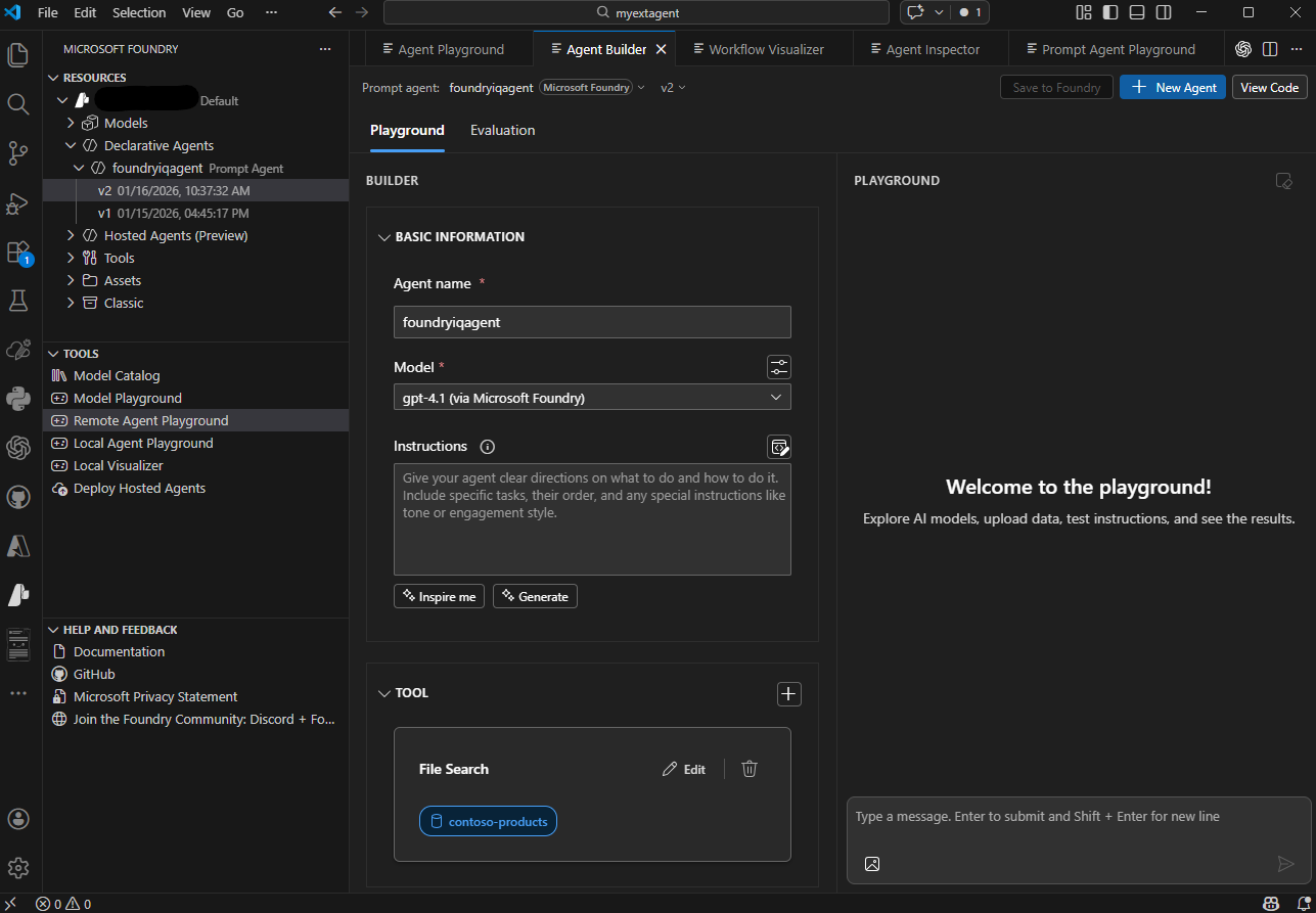 Screenshot dell'interfaccia dell'estensione Microsoft Foundry VS Code che mostra le sezioni Risorse, Strumenti e Guida e Commenti.