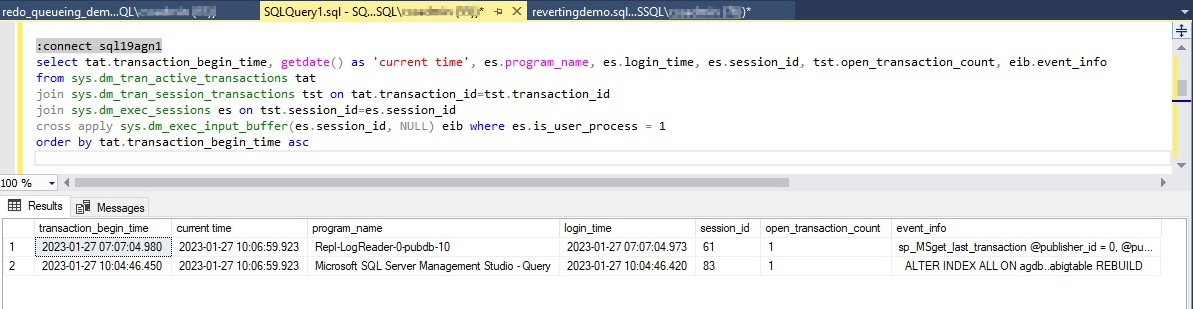 Screenshot che mostra l'ora di inizio e l'ora corrente di tutte le transazioni aperte.