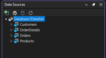 Screenshot della finestra Origini dati, popolata con oggetti di database.