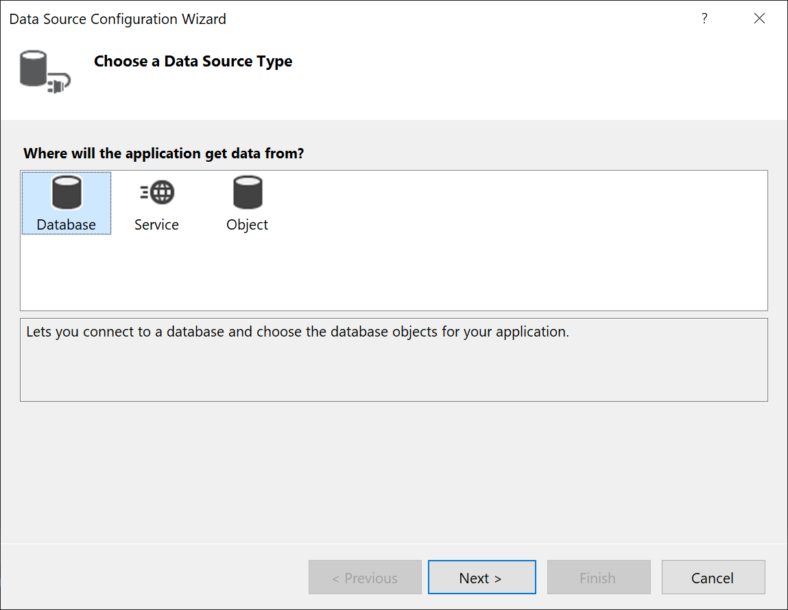 screenshot che mostra la configurazione guidata dell'origine dati