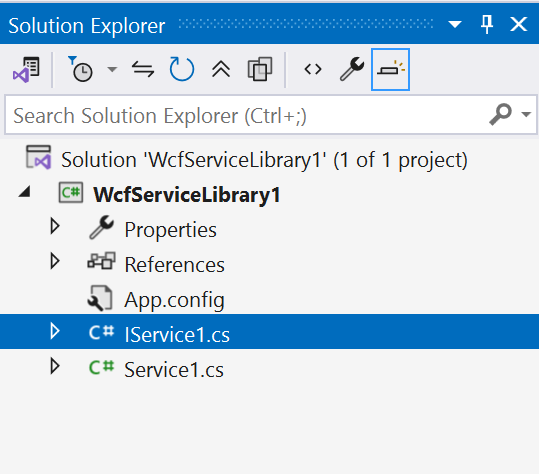 Screenshot che mostra il file IService1 in Esplora soluzioni.
