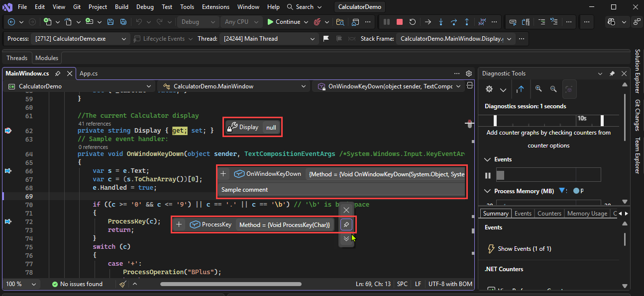 Screenshot di una sessione di debug in Visual Studio con esempi di data tips.