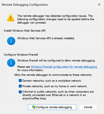 Screenshot della configurazione del debugger remoto.