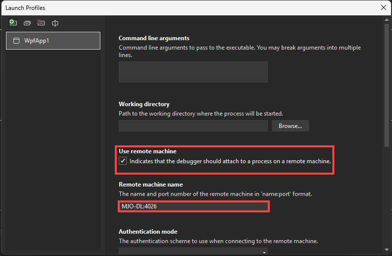 Screenshot dell'interfaccia utente del profilo di avvio debug nelle proprietà del progetto di Visual Studio per C# e .NET.