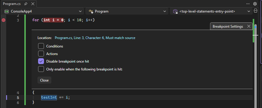 Screenshot che mostra un punto di interruzione temporaneo.