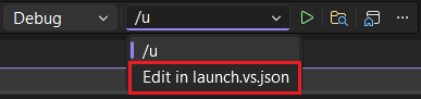 Screenshot dell'elenco a discesa degli argomenti della riga di comando per i progetti CMake. Mostra Modifica in launch.vs.json come opzione.