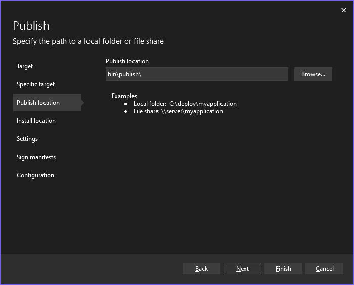 Specificare il percorso di pubblicazione