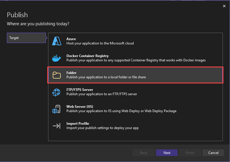 Screenshot che mostra l'opzione per pubblicare in una cartella evidenziata.