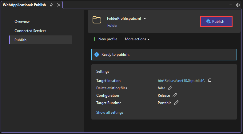 Screenshot che mostra la pagina di riepilogo della pubblicazione nella cartella.