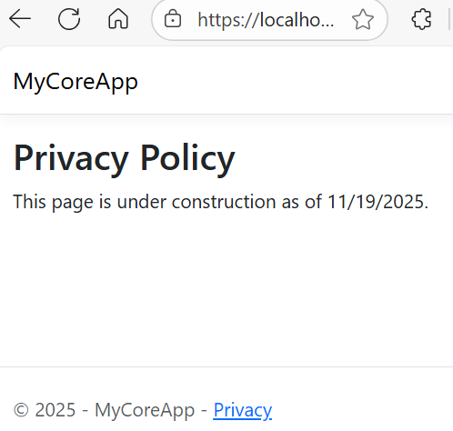 Screenshot che mostra la pagina Privacy di MyCoreApp che include le modifiche apportate per aggiungere la data.