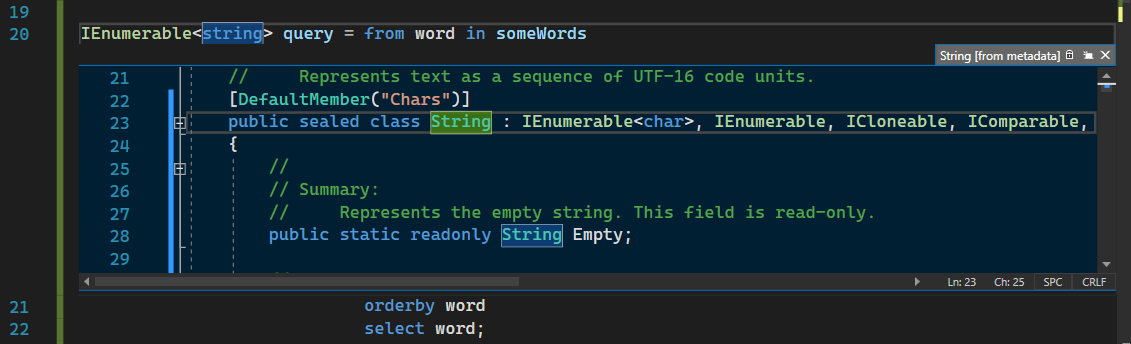 Screenshot della finestra Visualizza definizione in Visual Studio 2022.