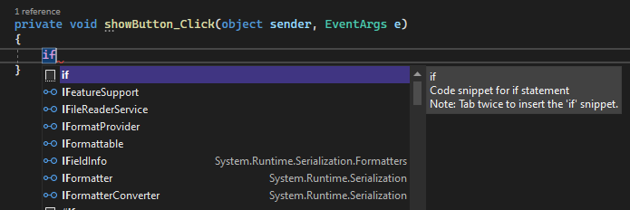 Lo screenshot mostra IntelliSense con codice Visual C#.