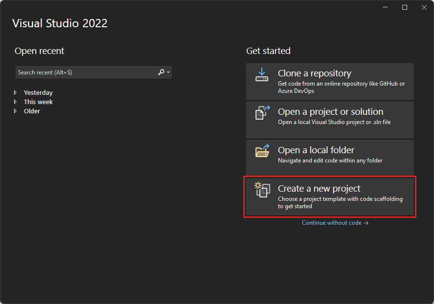 Screenshot mostra l'opzione Crea un nuovo progetto nella finestra iniziale di Visual Studio.