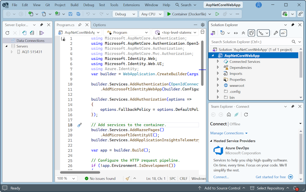 Screenshot che mostra Visual Studio in tema Cool Breeze.