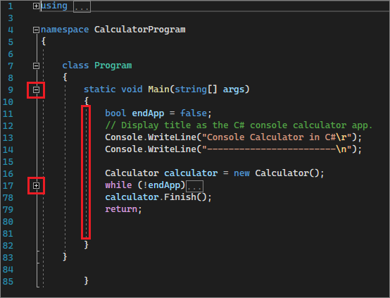 Screenshot che mostra l'IDE Visual Studio 2022 con caselle rosse.