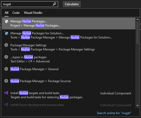 Screenshot che mostra la casella di ricerca Avvio rapido in Visual Studio 2022.