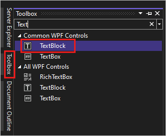 Screenshot che mostra la finestra degli strumenti in Visual Studio 2022 con il controllo TextBlock evidenziato nell'elenco dei controlli macchine virtuali Windows comuni.