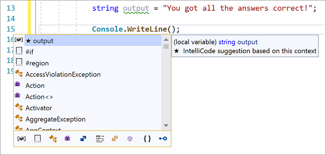 Screenshot del completamento degli argomenti in IntelliCode per Visual Studio.