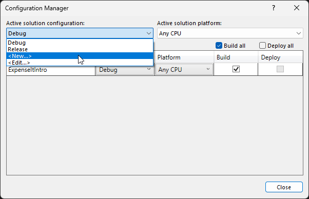 Screenshot che mostra la creazione di una nuova configurazione della soluzione.