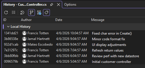 Screenshot che mostra la cronologia delle modifiche di CodeLens per il codice in un repository GitHub in Visual Studio.
