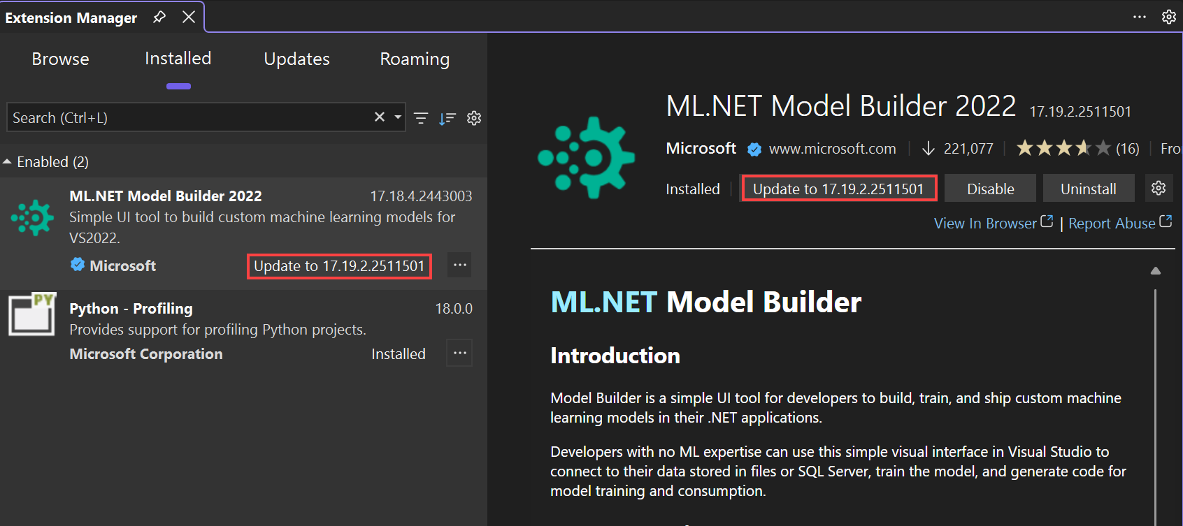 Screenshot che mostra in che modo Visual Studio notifica gli aggiornamenti delle estensioni disponibili.