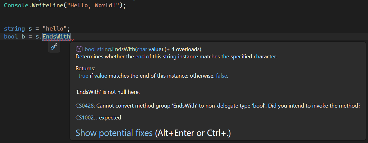 Screenshot della funzionalità Informazioni rapide di IntelliSense.