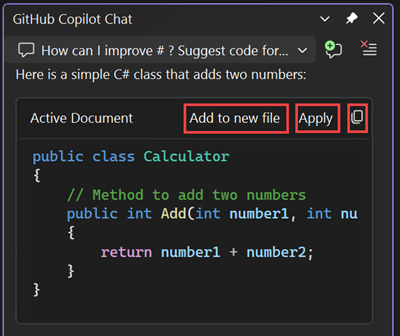 Screenshot delle opzioni per copiare il blocco di codice, inserire codice nel nuovo file o inserire il codice nel file corrente.