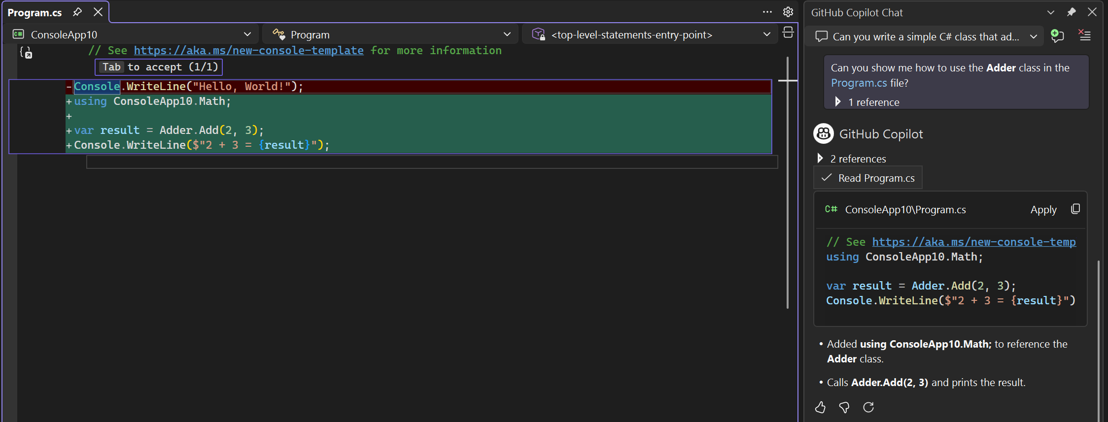 Screenshot dei suggerimenti di codice nella vista diff nella finestra dell'editor.