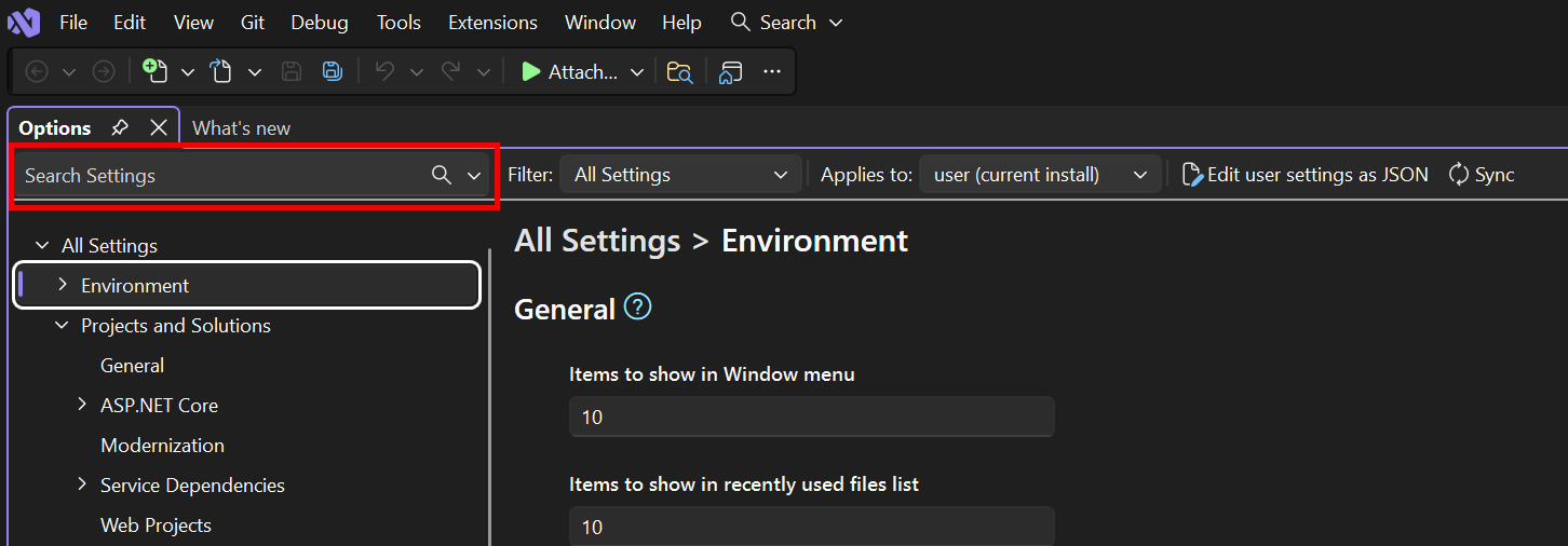Screenshot della barra di ricerca nelle impostazioni di Visual Studio.