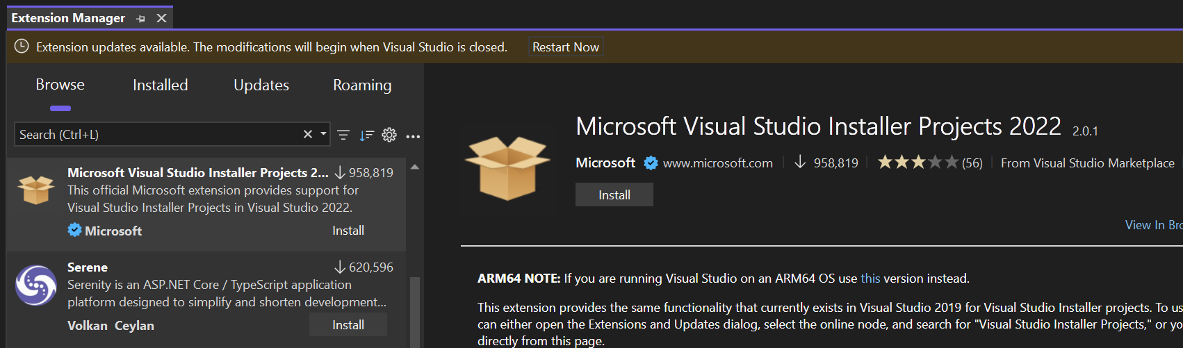 Screenshot che mostra in che modo Visual Studio notifica gli aggiornamenti delle estensioni disponibili.