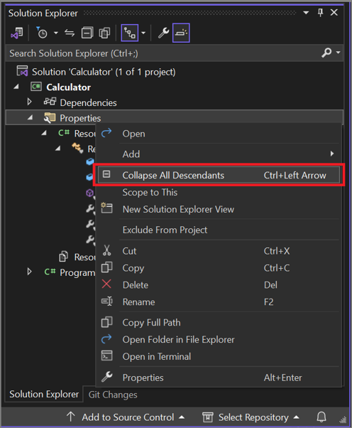 Screenshot del comando Comprimi tutti i discendenti dal menu di scelta rapida di Esplora soluzioni.