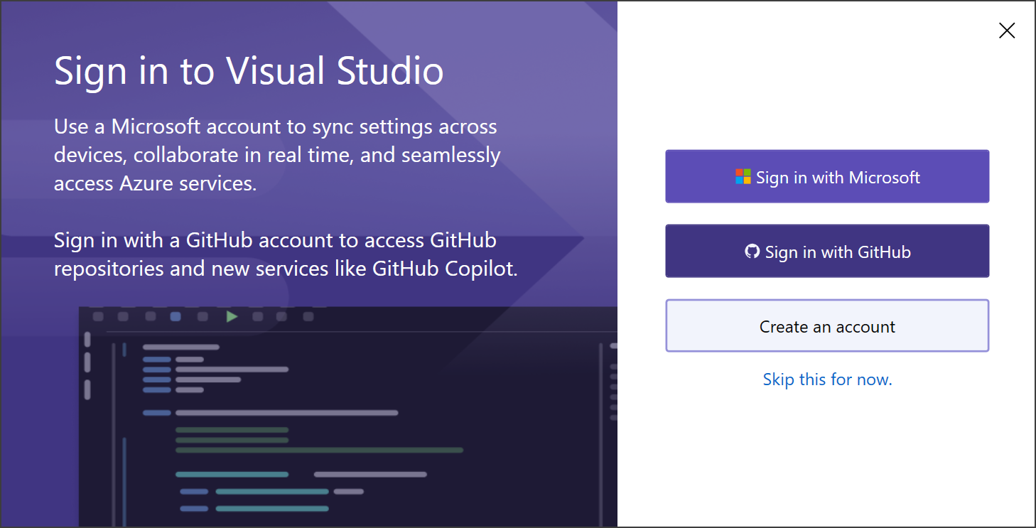 Screenshot che mostra l'autenticazione al primo avvio di Visual Studio.