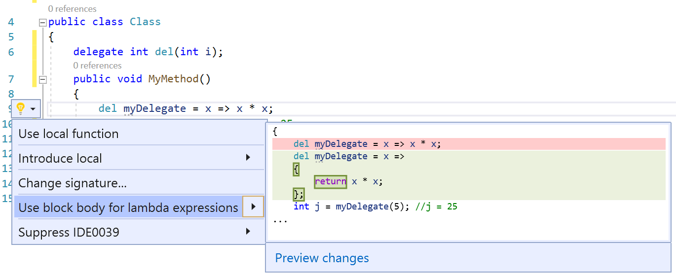 Screenshot dell'opzione Usa il corpo dell'espressione lambda/blocco.
