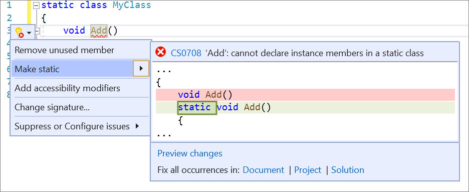 Screenshot di Make member static (Rendi statico membro).