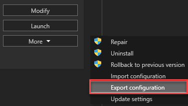 Screenshot della configurazione di esportazione dalla scheda del prodotto nel programma di installazione di Visual Studio.