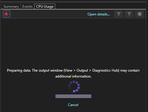 Screenshot che mostra gli strumenti di diagnostica che preparano i dati.