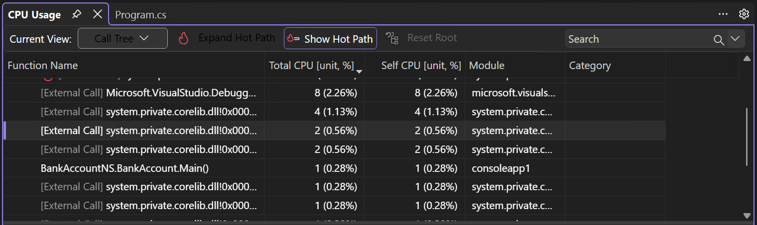 Screenshot che mostra la vista ad albero delle chiamate degli strumenti di diagnostica.