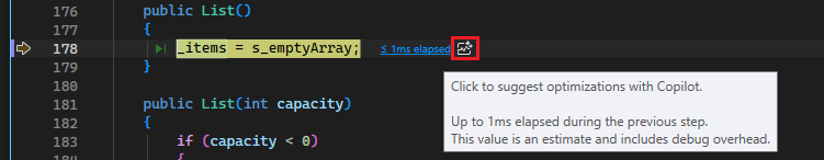 Screenshot di PerfTip con un suggerimento di ottimizzazione di Copilot.
