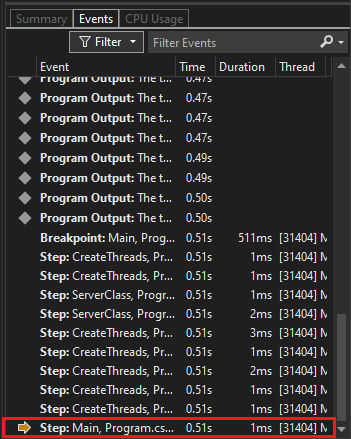 screenshot della visualizzazione eventi degli strumenti di diagnostica.
