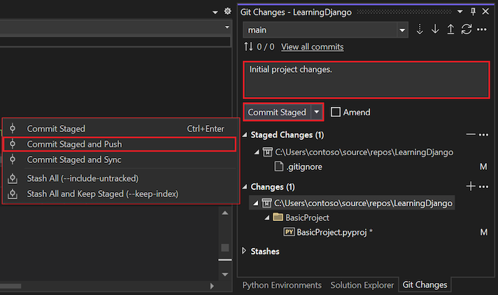 Screenshot che mostra come modificare il messaggio di commit ed effettuare il commit e il push dei commit in fase di staging nella finestra Modifiche Git.