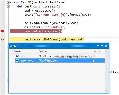 Screenshot che mostra l'output del debug per un unit test Python in Visual Studio.