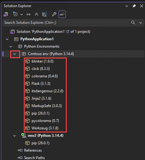 Screenshot che mostra pacchetti Python per un ambiente in Esplora soluzioni in Visual Studio.